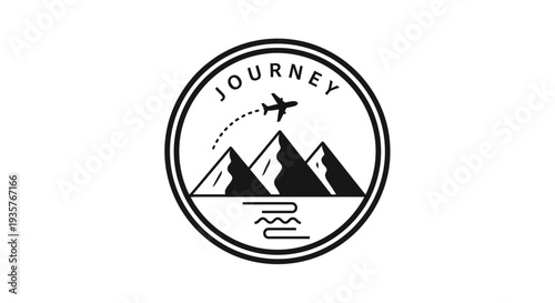 Journey travel logo with mountains, airplane, and water in a minimalist circle design