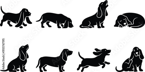 Stylized black silhouette illustrations of basset hounds in various poses