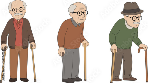 Elderly men characters with walking canes, senior male cartoon set, old people standing poses isolated on white background vector illustration
