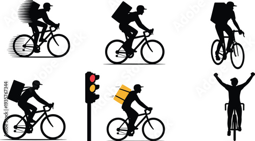 Silhouettes of cyclists carrying packages with a traffic light in the middle of the composition bicycles