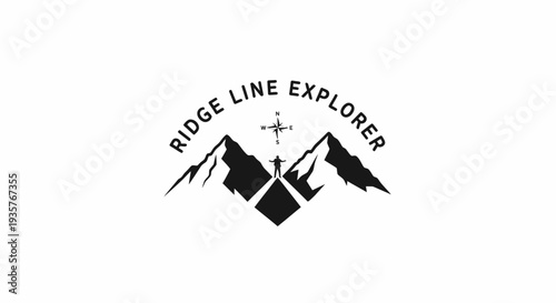 Outdoor Adventure Logo with Mountains, Hiker, and Compass Rose