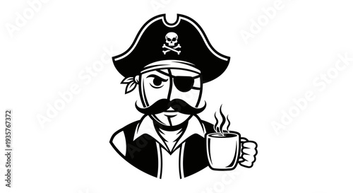 Pirate Character with Eye Patch and Mustache Holding a Steaming Coffee Mug Illustration