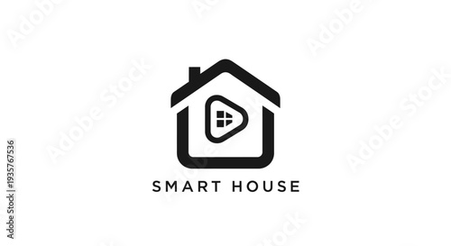 Smart house logo with play button window, modern home automation technology icon