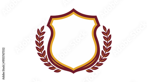 Blank university shield emblem with laurel wreath in maroon and gold