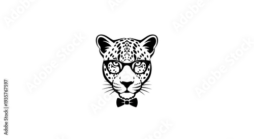 Stylish Leopard Head with Glasses and Bow Tie, Minimalist Design