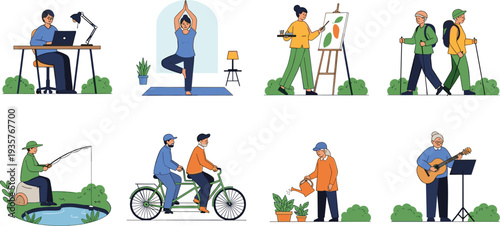 Active senior lifestyle activities set including yoga cycling gardening and hobbies