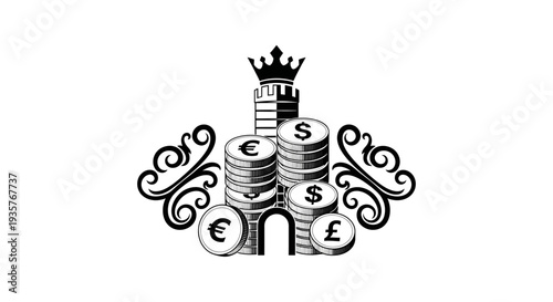 Wealth Fortress: Crowned Castle with Stacks of Global Currency Coins