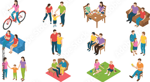 Family daily life activities set, parents and children spending time together at home and outdoors, flat vector illustration collection isolated on background