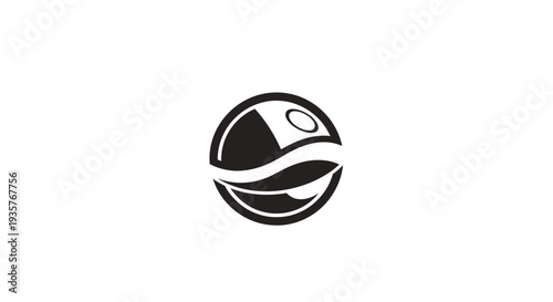Abstract black and white circular logo with stylized sphere and wave design