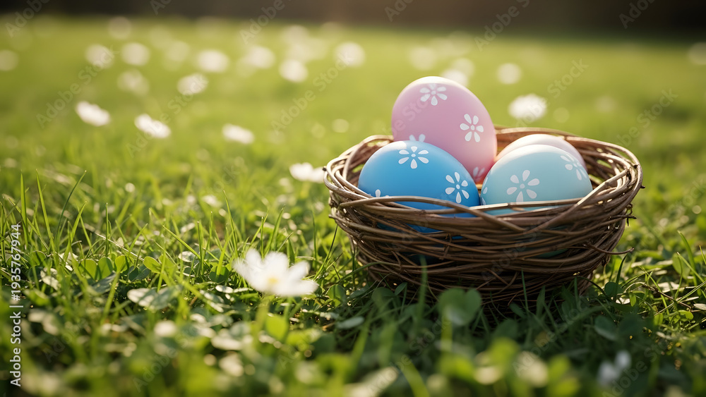 Fototapeta premium Easter eggs in a basket on a green grassy field with flowers