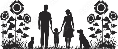 Family silhouette with child, dog and cat in sunflower garden, happy parents holding hands with kid in nature scene isolated