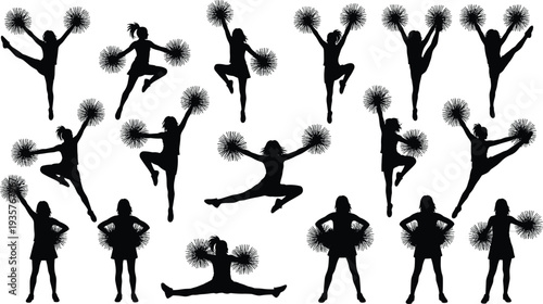 Cheerleader silhouettes set with pom poms, energetic female cheerleading dance and jump poses in black vector illustration isolated on white background
