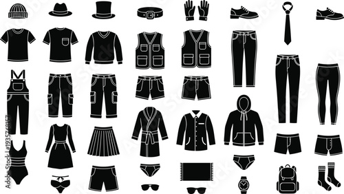 Clothing and fashion silhouette collection featuring shirts, pants, dresses, hats, shoes and accessories black vector icon set isolated on white background