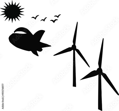 Renewable Energy Wind Turbines with Aircraft and Birds Silhouette Illustration