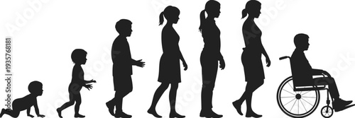 Female life stages silhouette from crawling baby to elderly woman in wheelchair, human aging and generational growth concept isolated