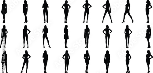 Female silhouette poses collection, elegant women standing and walking vector silhouettes, fashion model poses, varied body postures for design and branding