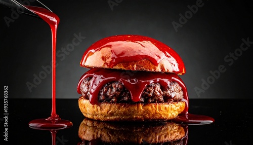 Juicy burger with sparkling sauce delicious fast food