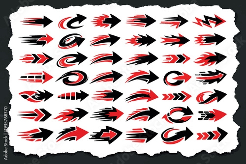 Modern Speed Arrow Set with Fast Motion Lines in Red and Black Style