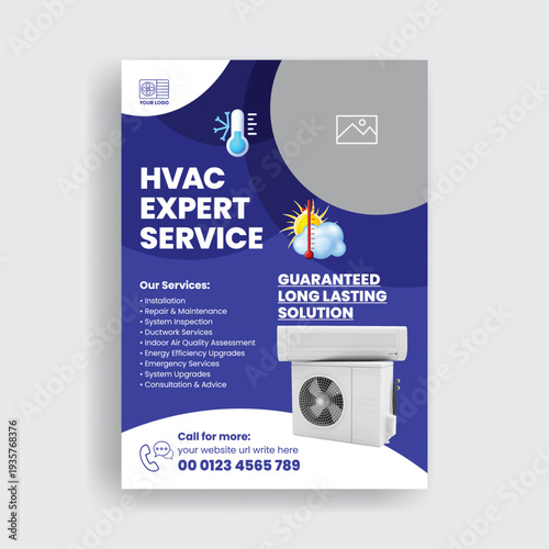 Ac Repair, maintenance, installation Service a4 size vertical print flyer or poster template, modern HVAC service leaflet or brochure cover design