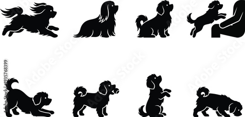 Various playful dog silhouettes in action and sitting poses for pet-themed designs