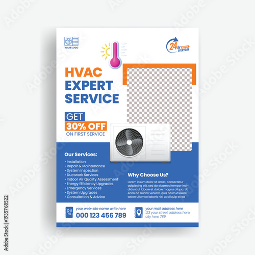 HVAC service print flyer or poster template, Air Conditioner Repair, Ac maintenance, installation Service flyer poster, leaflet, brochure cover design