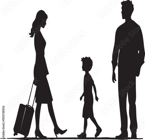 Silhouette of a family walking together with a suitcase on a white background symbolizing travel and togetherness