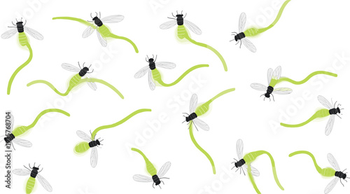 Glowing fireflies flying with light trails, bioluminescent insects in night scene, luminous beetles pattern illustration, magical nature vector set