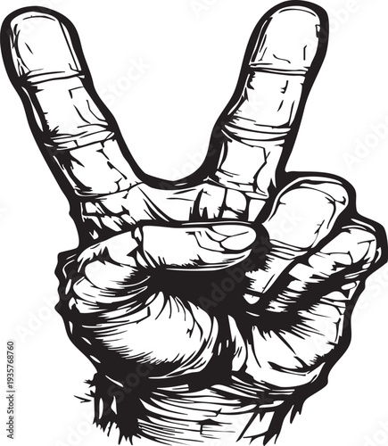 Detailed illustration of a hand making a peace sign gesture on a plain white background with bold black lines