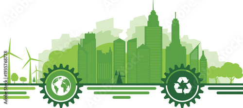 Green sustainable city concept, eco friendly urban skyline with wind turbines, recycling symbol and earth gear, renewable energy environment vector illustration