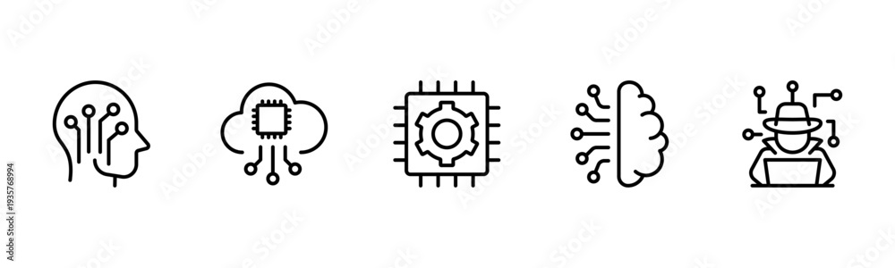 Obraz premium Artificial intelligence set of web icons in line style. AI technology icons for web and mobile apps. Machine learning, algorithm, smart robotics, cloud computing network Vector illustration