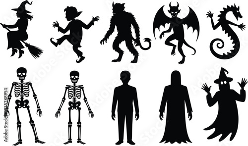 Halloween monster silhouette set with witch, devil, werewolf, dragon, skeleton and ghost characters isolated on white background