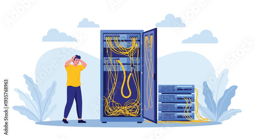 Confused technician man with messy server rack and tangled network cables, problem with data center connection concept