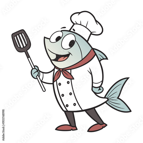 A cheerful chef fish flips dishes with a shiny spatula, wearing a tiny hat, ready to serve up underwater culinary delights with a splash of fun and flavor.
