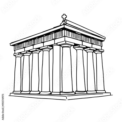 Minimalist Black Line Art Illustration of a Classical Greek Temple Facade on a Clean White Background – Ideal for Design Projects & Educational Content