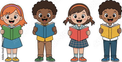 Happy diverse children reading books together, kids holding colorful storybooks, elementary school reading activity, smiling students promoting literacy and learning vector illustration