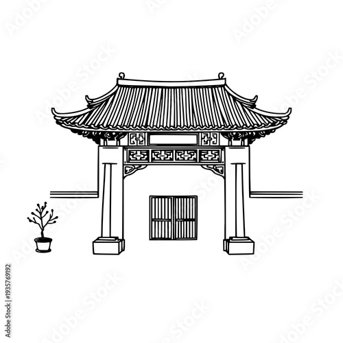 Black line art illustration of traditional Chinese courtyard gate on white background, perfect for cultural, architectural or travel-themed designs