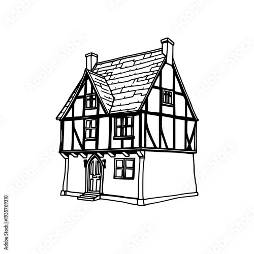 Minimalist Black and White Tudor Half-Timbering Line Art Illustration on a Clean Background, Perfect for Architectural Concepts