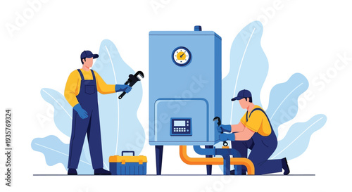 Heating service with professional plumbers repairing water heater, maintenance and installation of boiler system, fixing pipes