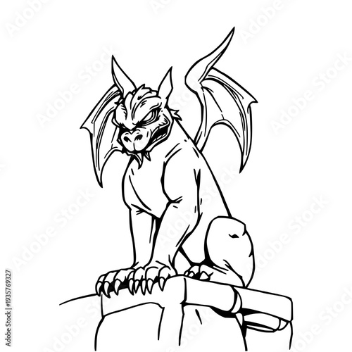 Minimalist Black Line Art Illustration of a Decorative Stone Gargoyle on a Clean White Background, Ideal for Architectural and Gothic Designs
