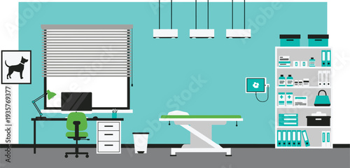 Veterinary clinic interior with examination table and medical equipment vector illustration