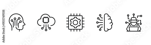 Artificial intelligence set of web icons in line style. AI technology icons for web and mobile apps. Machine learning, algorithm, smart robotics, cloud computing network Vector illustration