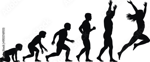 Human growth stages silhouettes from baby crawling to jumping adult woman, black vector illustration of life cycle progression isolated on white background