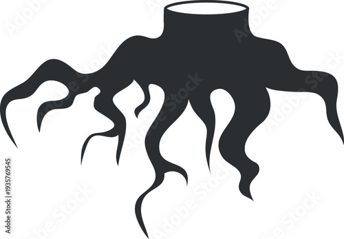 Tree stump with black roots. Outdoor timber silhouette