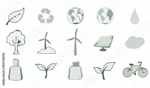 ecology icons set Green Eco Doodle Icon Set Hand Drawn Ecology Outline Symbols Vector Collection