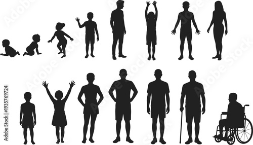 Human life cycle silhouette set from baby to elderly person, stages of growth and aging isolated on white background