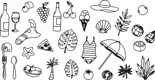 Hand-drawn summer beach & food doodle clipart in clean black-and-white line art—wine, breakfast, sushi, shells, and travel icons for design projects.