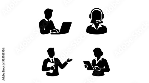 Business icons representing people in professional roles, such as a person using a laptop, another with a headset, and two individuals engaged in discussion
