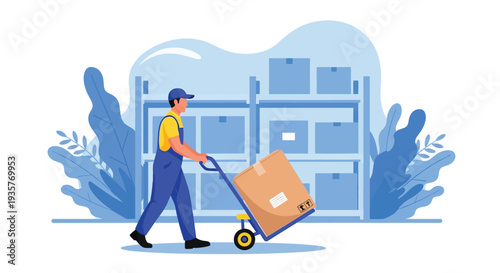 Delivery worker pushing hand truck with large box in warehouse logistics and shipping service courier with package for transport illustration