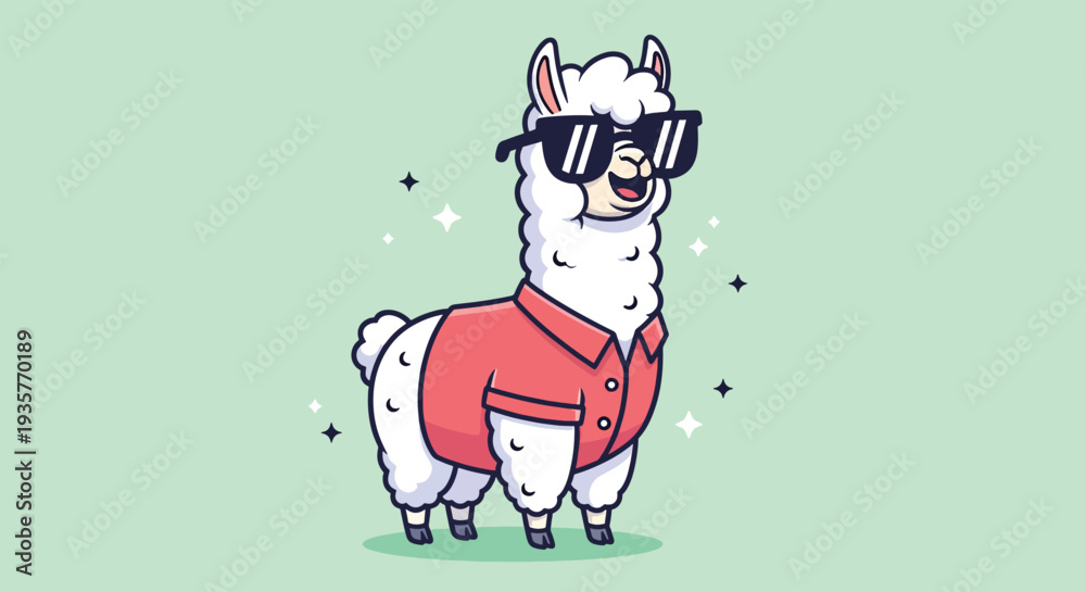 Obraz premium Cool Llama Wearing Sunglasses and a Shirt Cartoon Vector Illustration.