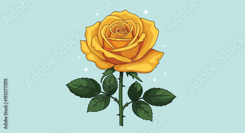 Beautiful single yellow rose with green leaves on a light blue background.